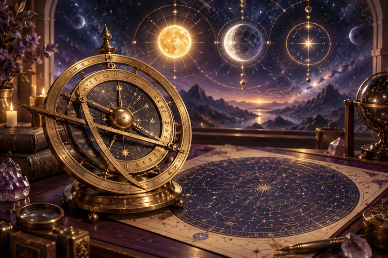 Ilustración de un astrolabio dorado y una carta celeste