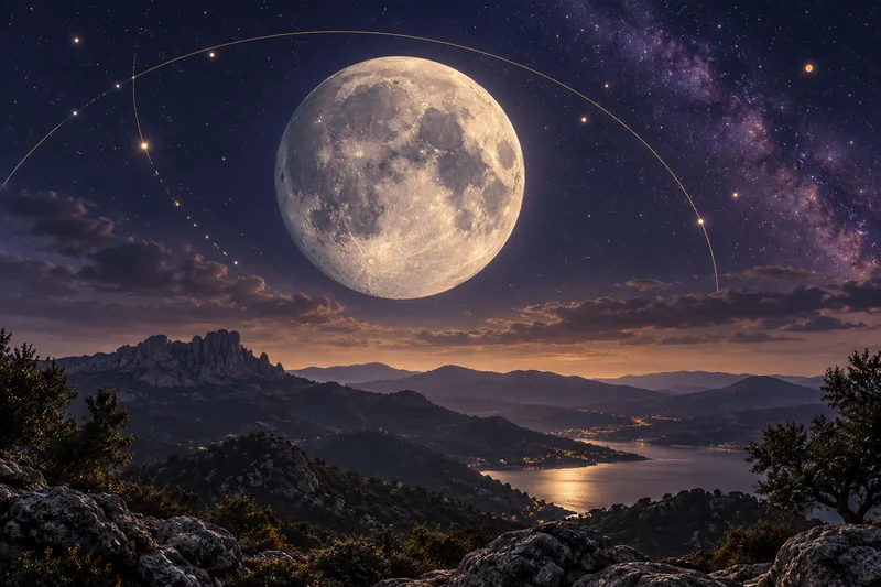 Ilustración de la Luna sobre un paisaje nocturno