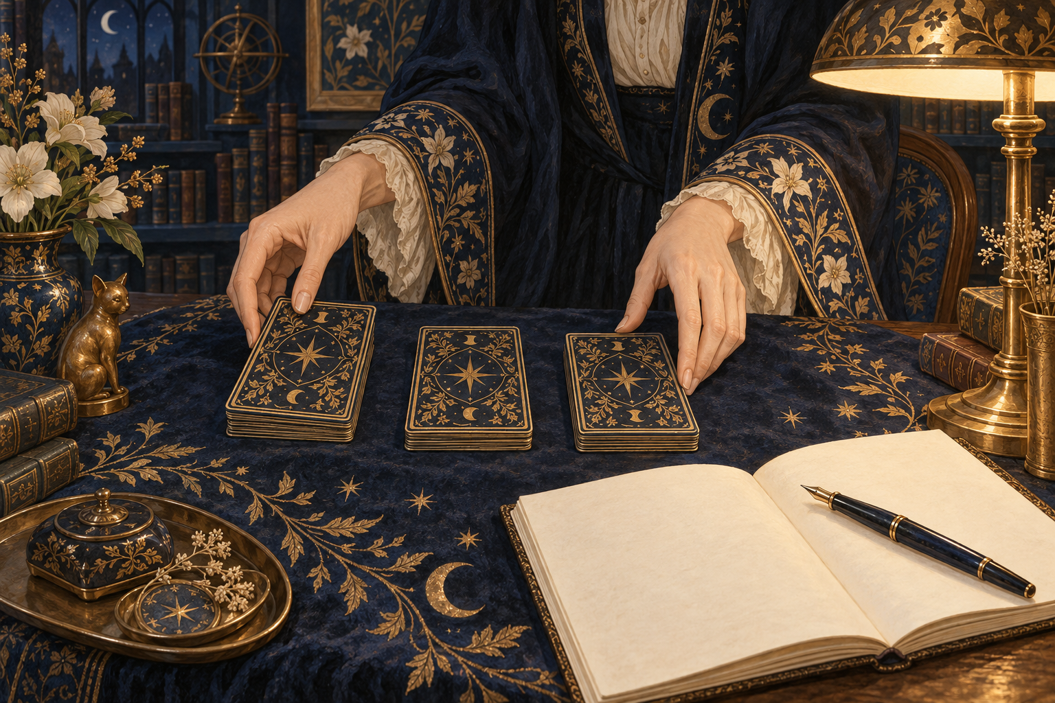 Manos preparando tres montones de cartas doradas en una biblioteca azul noche, junto a un cuaderno y una lámpara.